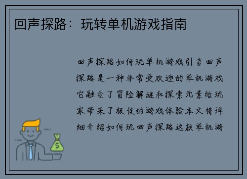 回声探路：玩转单机游戏指南